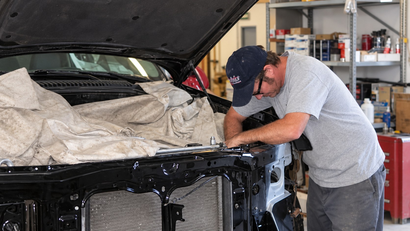 Technician repairing a vehicle at Don's Body Shop